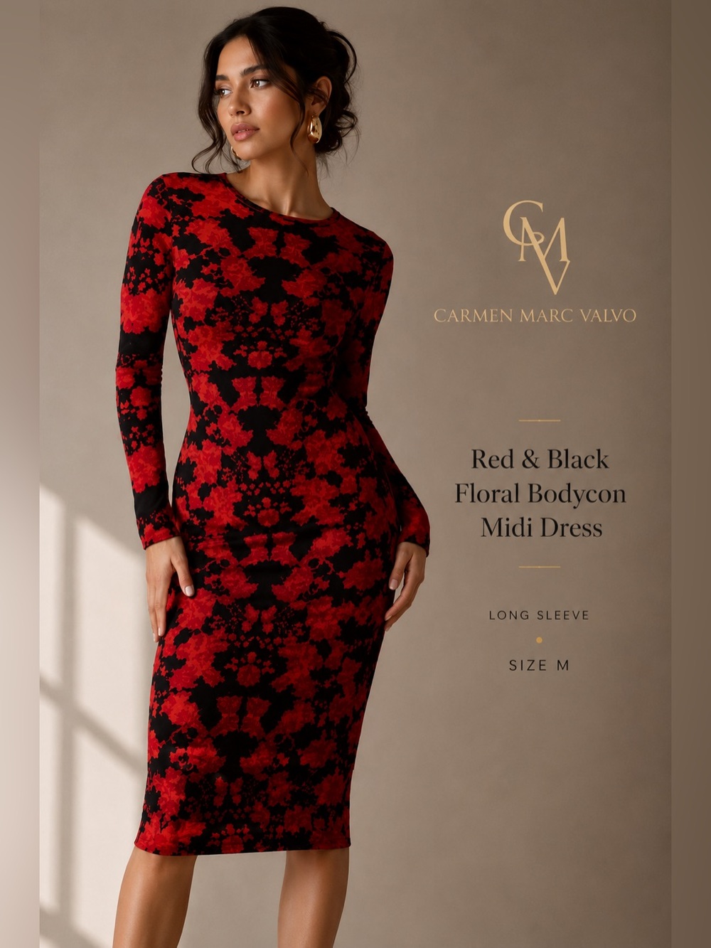 M Red & Black Floral Bodycon Midi Dress – Long Sleeve Designer Dress | Size M